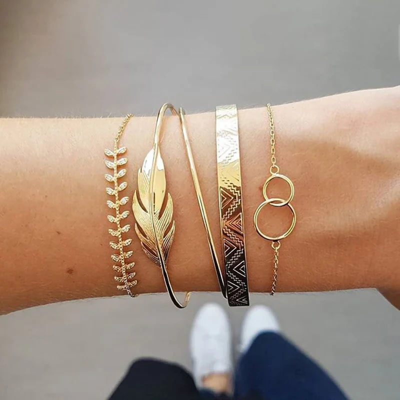 Fashion Geometric Stone Charm Bracelet Set For Women Retro Silver Color Moon Wrist Chain Open Bangle Lady Trendy Boho Jewelry Vera Lux