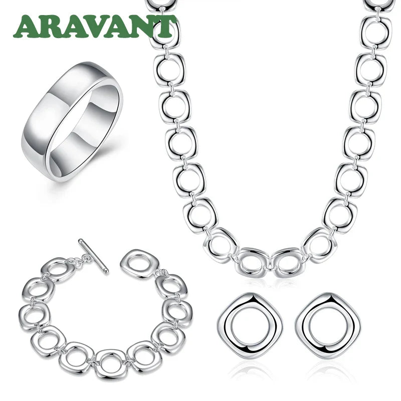 Aravant 925 Silver Square Earrings Rings Necklace Bracelet Set For Women Party Jewelry Christmas Gift Vera Lux