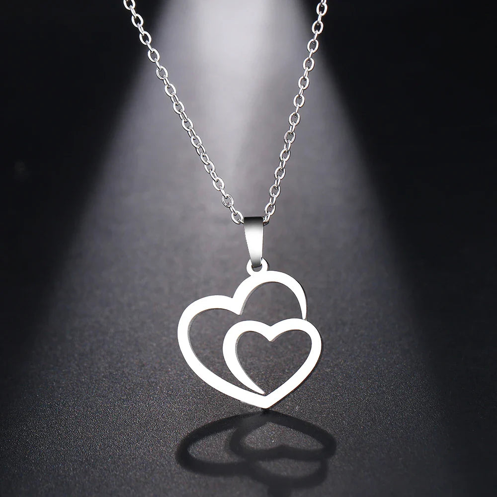 DOTIFI Stainless Steel Necklace For Women Man Hollow Double Heart Choker Pendant Charms Necklace Engagement Jewelry Vera Lux