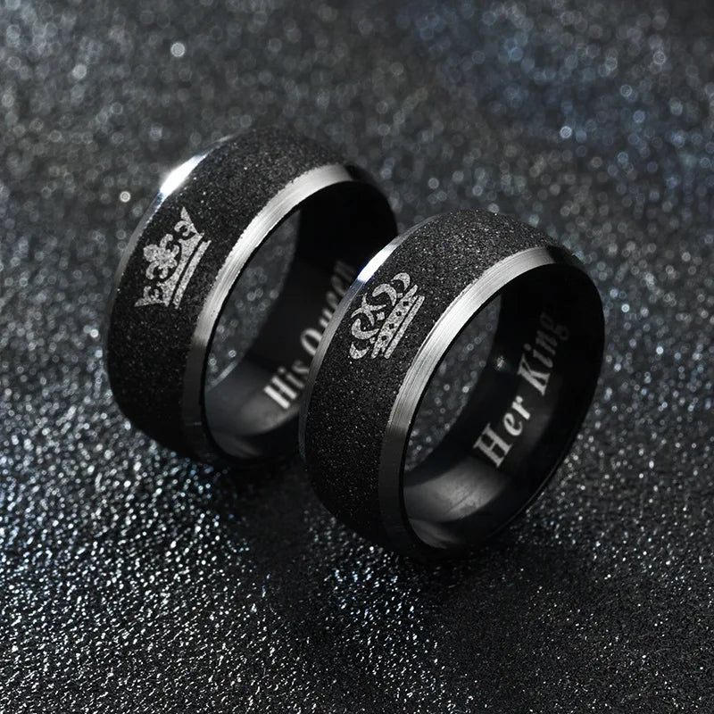 Her King and His Queen Letter Couple Rings For Women Men Crown Black 8MM Stainless Steel Matte Ring Lovers Wedding Jewelry Vera Lux