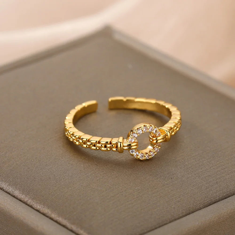 Zircon Round Rings For Women Punk Rock Chain Round Open Adjusted Stainless Steel Ring Accessories Jewelry Gift Bijoux Femme Vera Lux