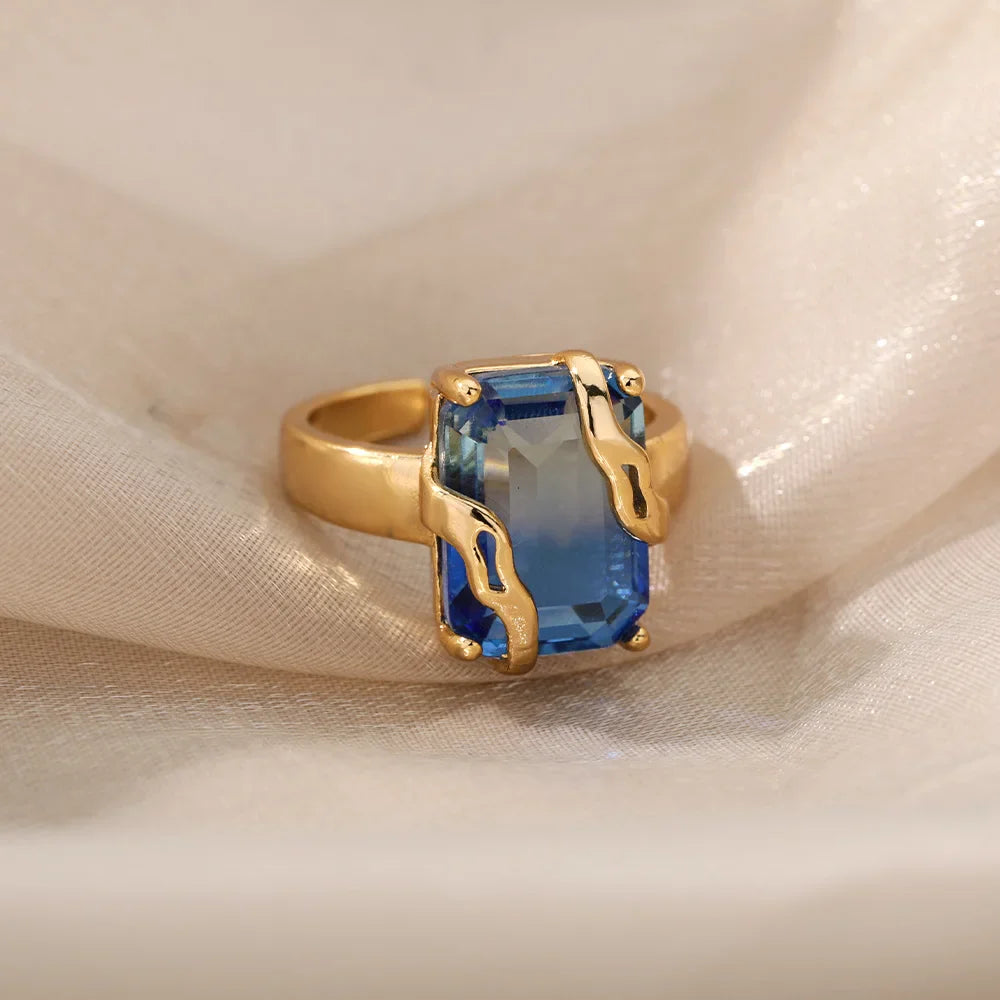 Minimalist Zircon Blue Crystal Stone Rings For Women Stainless Steel Cubic Zirconia Square Geometry Ring Party Jewelry Gift Vera Lux