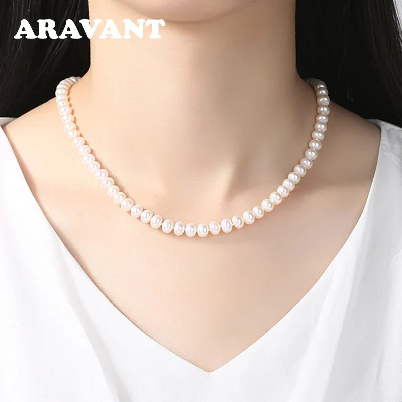 Aravant 925 Silver 8MM Freshwater Pearl Necklace Chain For Women Fashion Jewelry Vera Lux