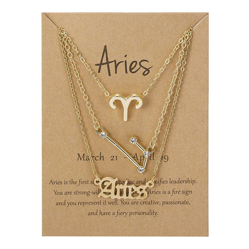 3Pcs/set 12 Zodiac Sign Necklace For Women 12 Constellation Pendant Chain Choker Birthday Jewelry With Cardboard Card Vera Lux