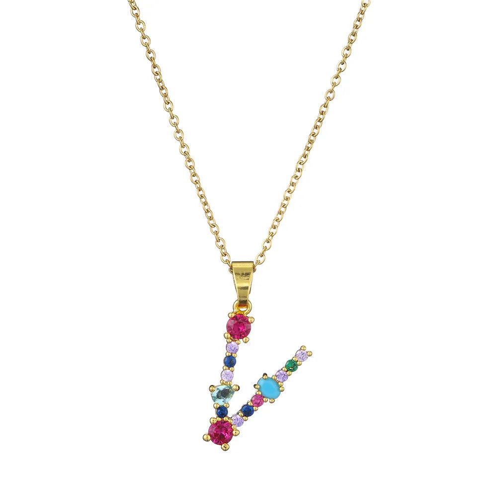 2024 New Hot Colourful Crystal AAA CZ 26 Capital Letters Pendant Necklace For Women Girl Gold Color Copper Initial Name Jewelry Vera Lux