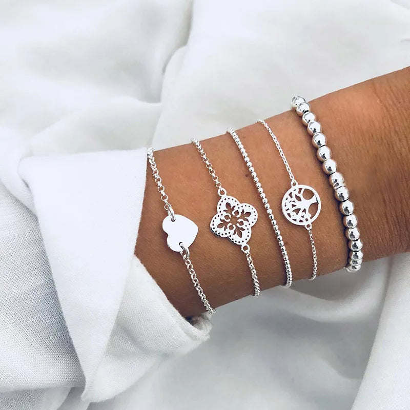 4pcs/Set Bohemian Stone beads chains bracelets Set For Women Metal Heart Round Tassel charm Bangle Fashion Jewelry Vera Lux