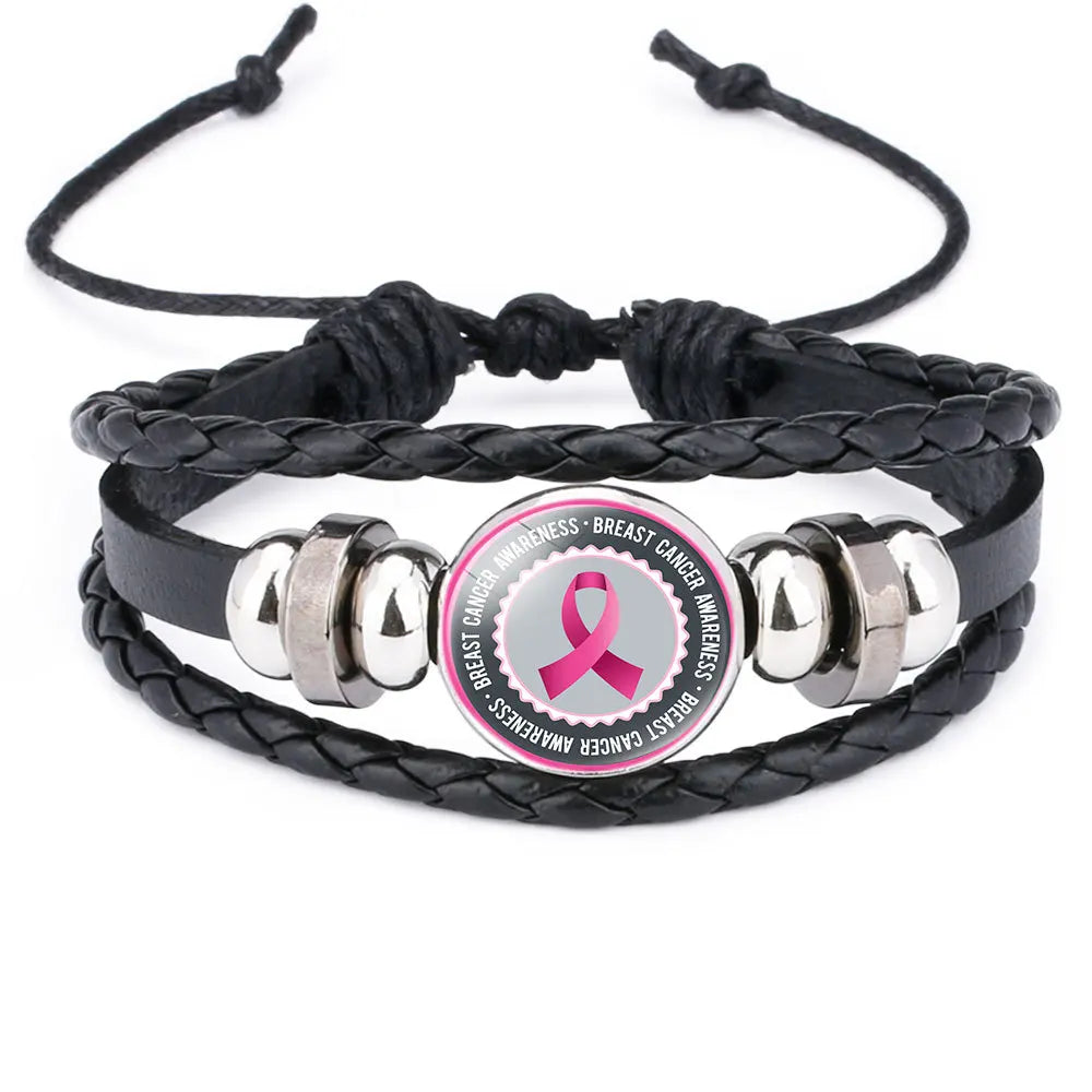 Breast Cancer Awareness Hope Bracelet For Women Pink Ribbon charm Braided leather Rope Wrap Bangle Fashion handmade Jewelry Vera Lux