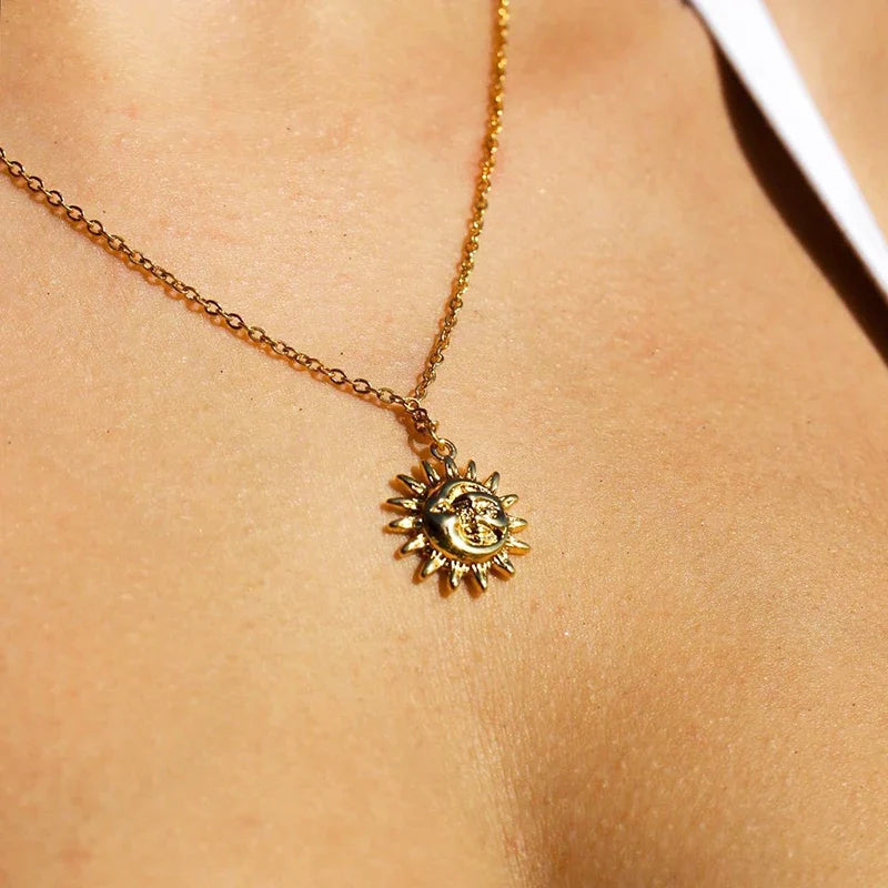 Bohemian Moon and Sun Face Pendant Necklaces Golden Minimalist Layered Coin Necklace For Women Men Jewelry Friendship Gift BFF Vera Lux