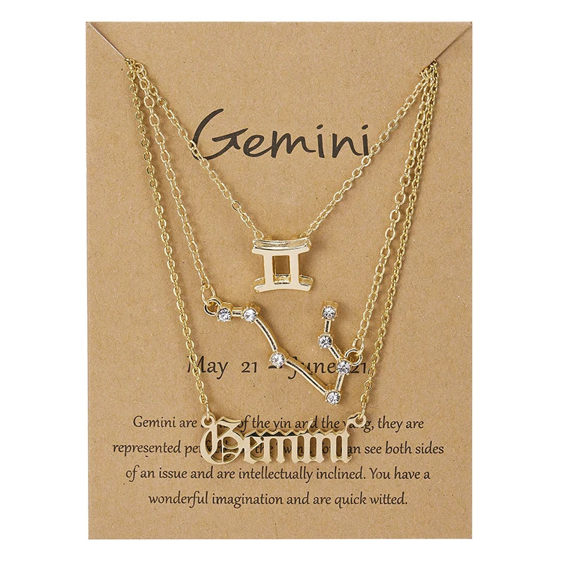 3Pcs/set 12 Zodiac Sign Necklace For Women 12 Constellation Pendant Chain Choker Birthday Jewelry With Cardboard Card Vera Lux