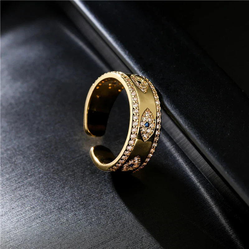 NEWBUY 2024 Fashion Gold Color Copper Wedding Jewelry AAA CZ Evil Eye Design Open Ring For Women Girl Engagement Gift Vera Lux