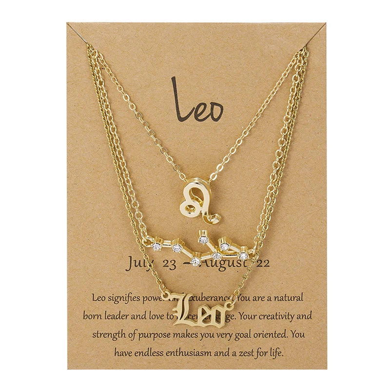 3Pcs/set 12 Zodiac Sign Necklace For Women 12 Constellation Pendant Chain Choker Birthday Jewelry With Cardboard Card Vera Lux