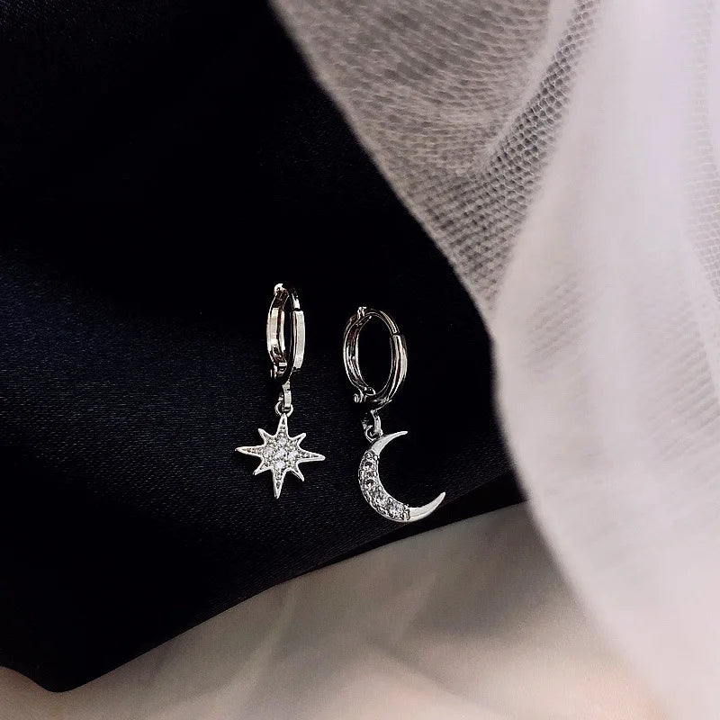 VENTFILLE 925 Sterling CZ Star Moon Asymmetric Hoop Earrings for Women Girls Gold Silver Color Party Jewelry Gifts Vera Lux