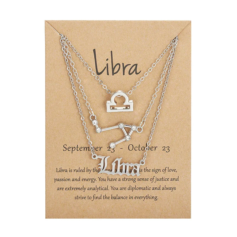 3Pcs/set 12 Zodiac Sign Necklace For Women 12 Constellation Pendant Chain Choker Birthday Jewelry With Cardboard Card Vera Lux