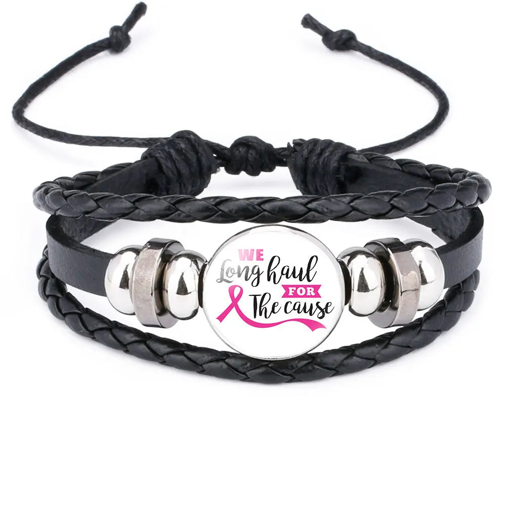 Breast Cancer Awareness Hope Bracelet For Women Pink Ribbon charm Braided leather Rope Wrap Bangle Fashion handmade Jewelry Vera Lux