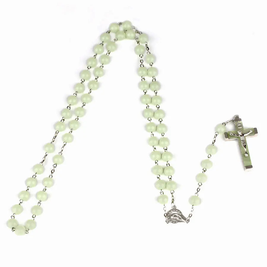8MM Glow In The Dark Rosary Bead Chain Necklaces For Women INRI Crucifix Cross Pendant luminous Necklace Religious Jewelry Vera Lux