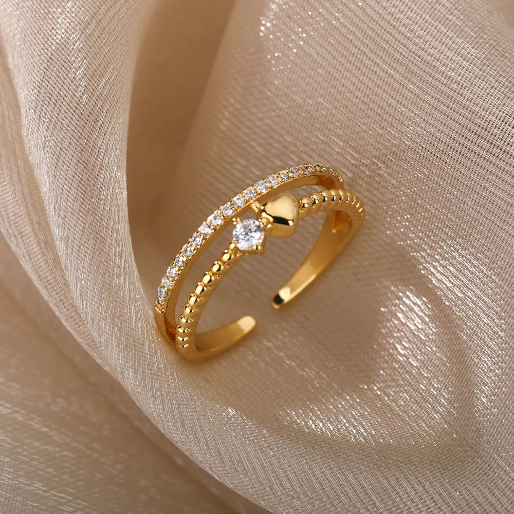 Zircon Heart Rings For Women Stainless Steel Gold Color  Double Heart Ring Wedding Engagement Jewelry Accessories Gift Bijoux Vera Lux