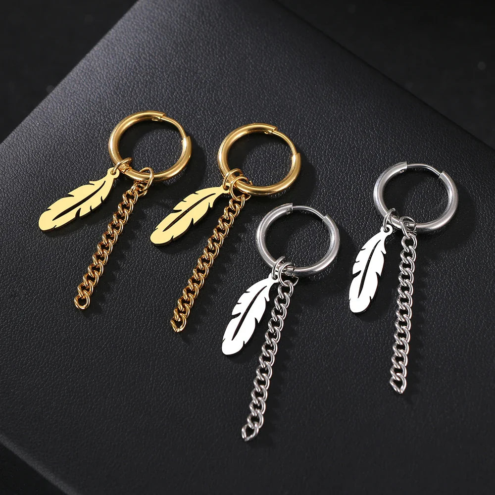 Stainless Steel Earrings Fashion Unisex Punk Gothic Feather Chain Hip Hop Pendants Gold Color Earrings For Women Jewelry Gifts Vera Lux