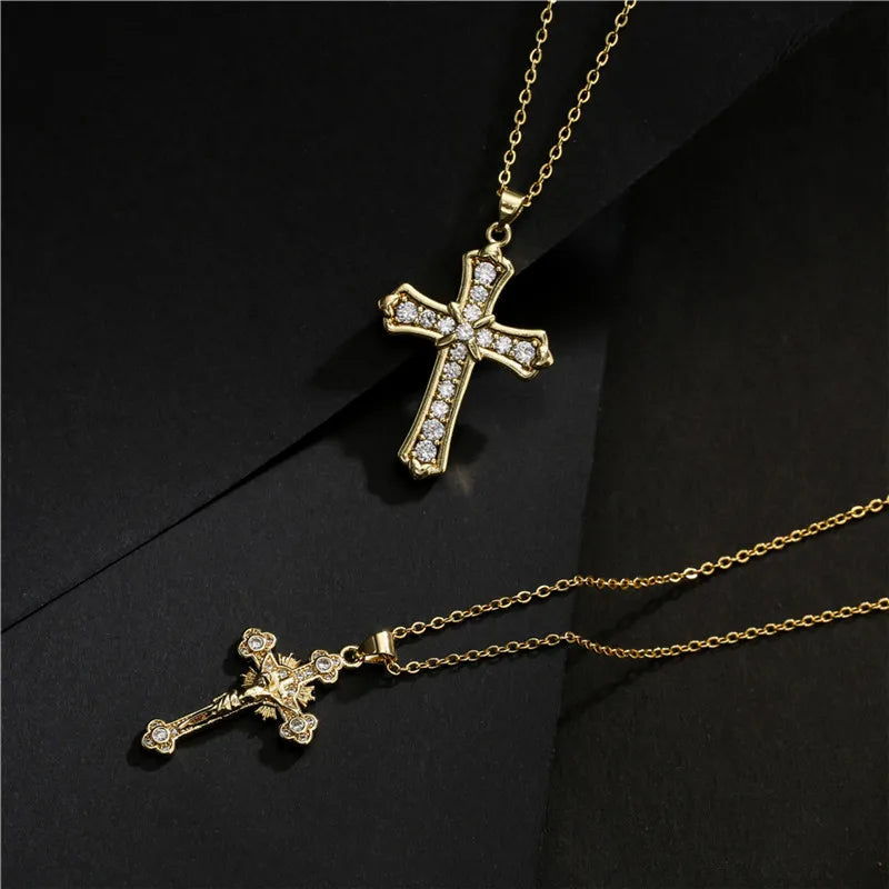 NEWBUY Gold Color Jesus Cross Pendant Stainless Steel Chain Necklace For Women Men Classic Design Christain Jewelry Gift Vera Lux