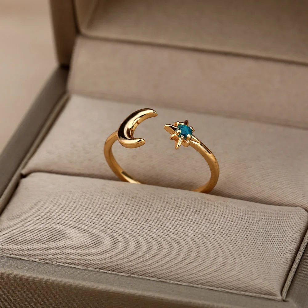 Zircon Moon Rings For Women Stainless Steel Glowing Moon Star Adjustable Finger Ring Aesthetic Wedding Jewelery Gift bague femme Vera Lux