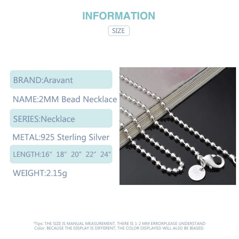 Aravant 925 Silver 2MM Bead Chain Necklace For Women Fashion Jewelry Gifts Vera Lux