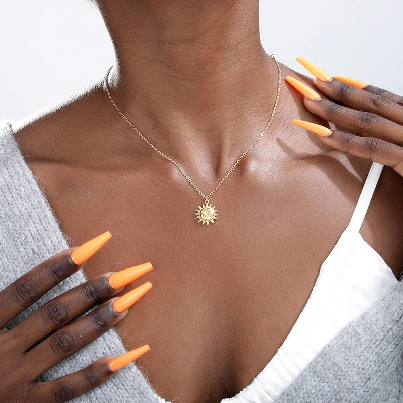 Bohemian Moon and Sun Face Pendant Necklaces Golden Minimalist Layered Coin Necklace For Women Men Jewelry Friendship Gift BFF Vera Lux