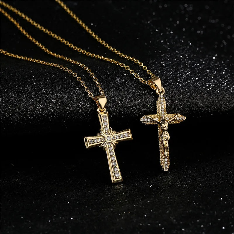 NEWBUY Gold Color Jesus Cross Pendant Stainless Steel Chain Necklace For Women Men Classic Design Christain Jewelry Gift Vera Lux