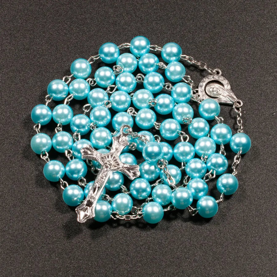 Religion Christian Faux pearl Rosary necklace For Women Virgin Mary Jesus Cross pendant Long beads chains Fashion Jewelry Vera Lux