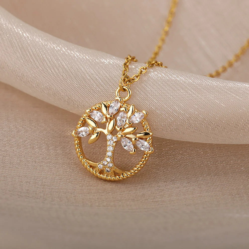 Zircon Tree of Life Round Pendant Necklaces For Women Stainless Steel Chain Choker Rhinestone Collar Jewelry Gift Femme Vera Lux