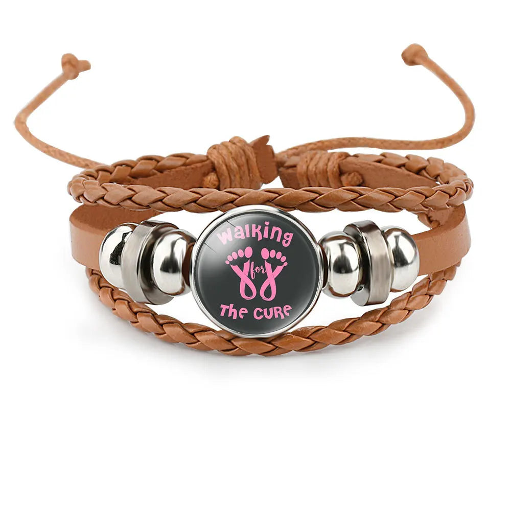 Breast Cancer Awareness Hope Bracelet For Women Pink Ribbon charm Braided leather Rope Wrap Bangle Fashion handmade Jewelry Vera Lux