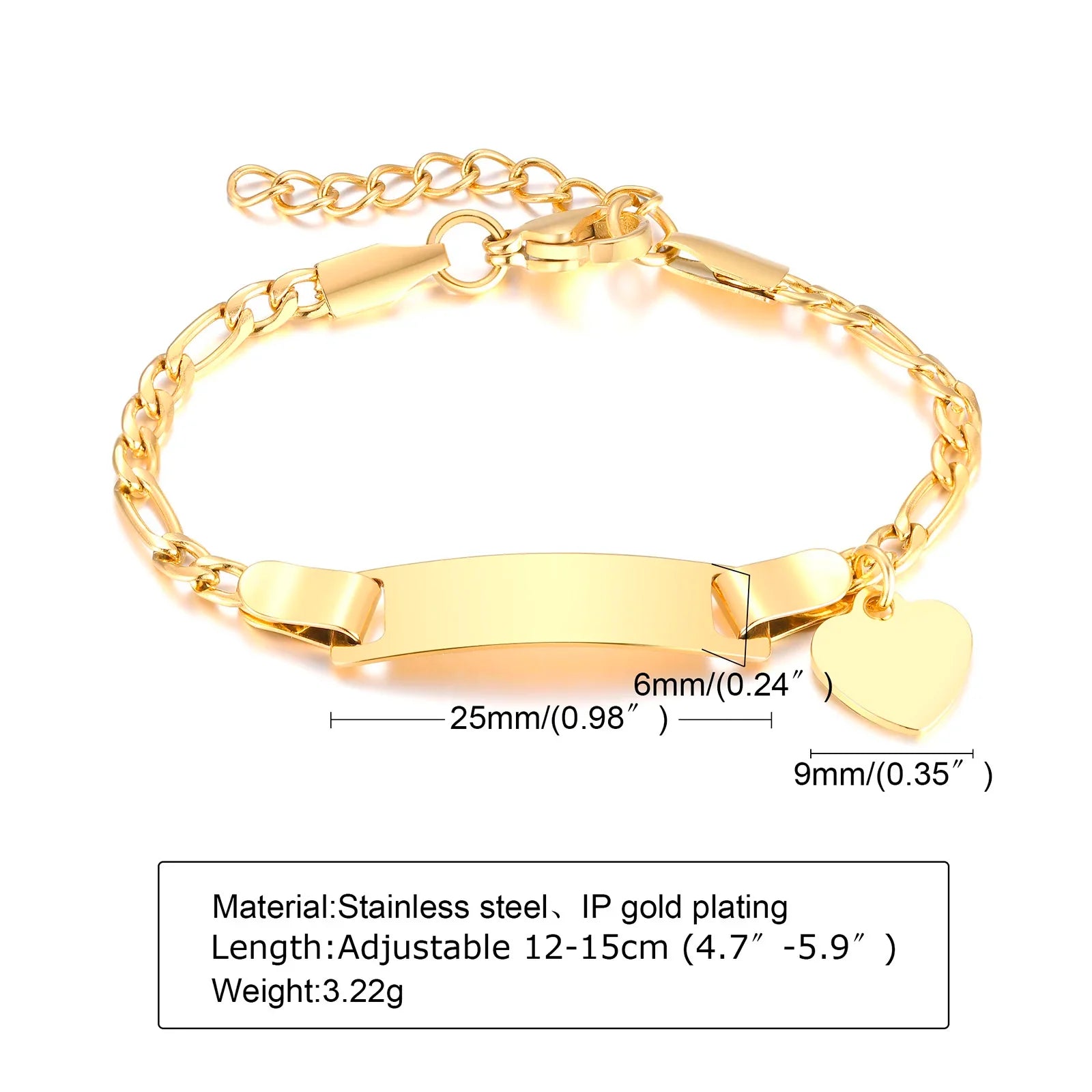 Persoanlized Custom Name Heart Bracelet,Stainless Steel Figaro Chain Link Adjustable,Engraved Gift for Boy Girl Vera Lux
