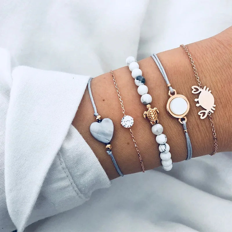 Boho Bangle For women Turtle Elephant Heart Shell Star Moon Bow Arrow Map Crystal Charm Bead Bracelet Set Bohemian Jewelry Vera Lux