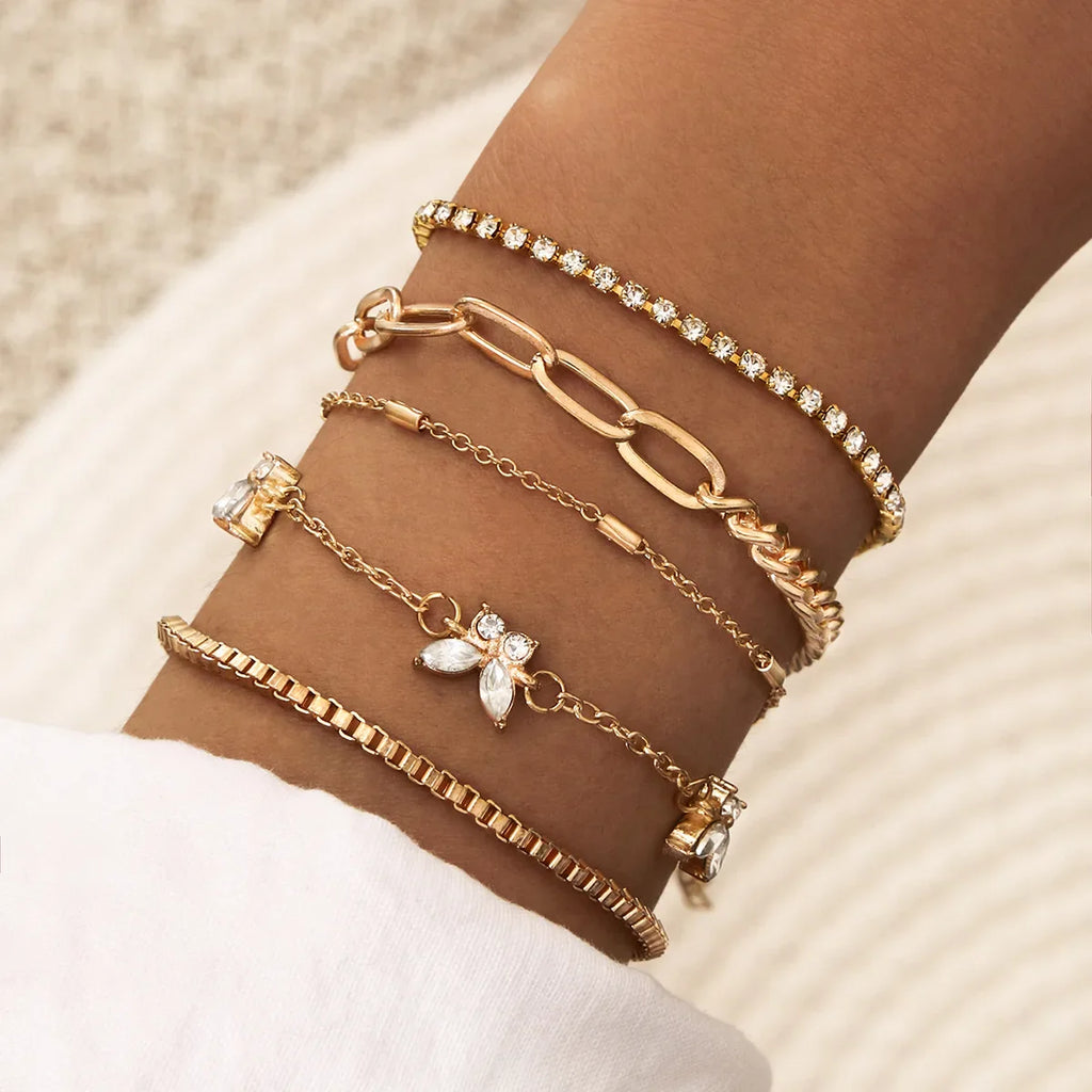 Fashion Geometric Stone Charm Bracelet Set For Women Retro Silver Color Moon Wrist Chain Open Bangle Lady Trendy Boho Jewelry Vera Lux