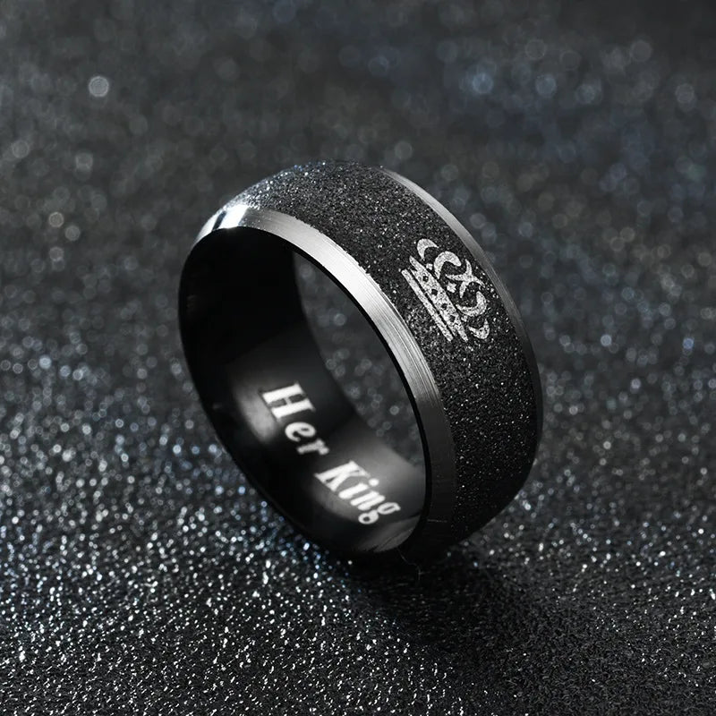 Her King and His Queen Letter Couple Rings For Women Men Crown Black 8MM Stainless Steel Matte Ring Lovers Wedding Jewelry Vera Lux