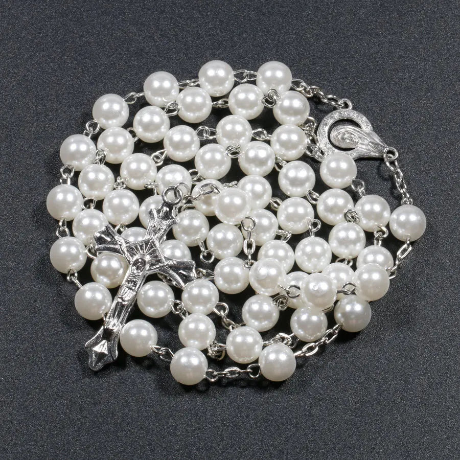 Religion Christian Faux pearl Rosary necklace For Women Virgin Mary Jesus Cross pendant Long beads chains Fashion Jewelry Vera Lux