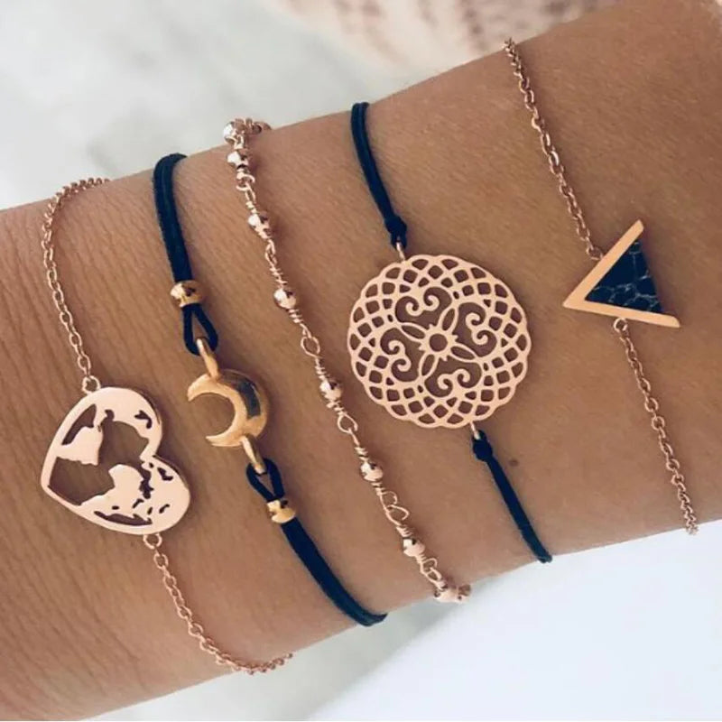 New Bohemian Black Rope Chain Bracelet Set For Women aircraft Shell Moon Heart crystal Charm Bangle Boho Jewelry Vera Lux