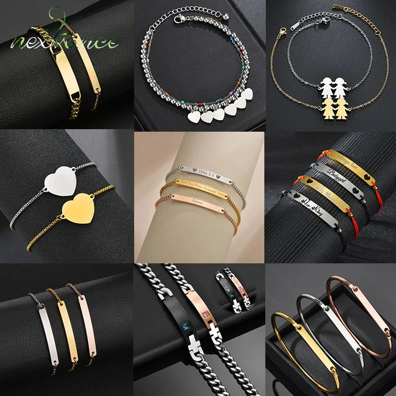 Nextvance Customized Engraving Nameplate Couple Bracelets on hand Stainless Steel Chain Bracelet  For Women Lovers  Jewelry Day Vera Lux