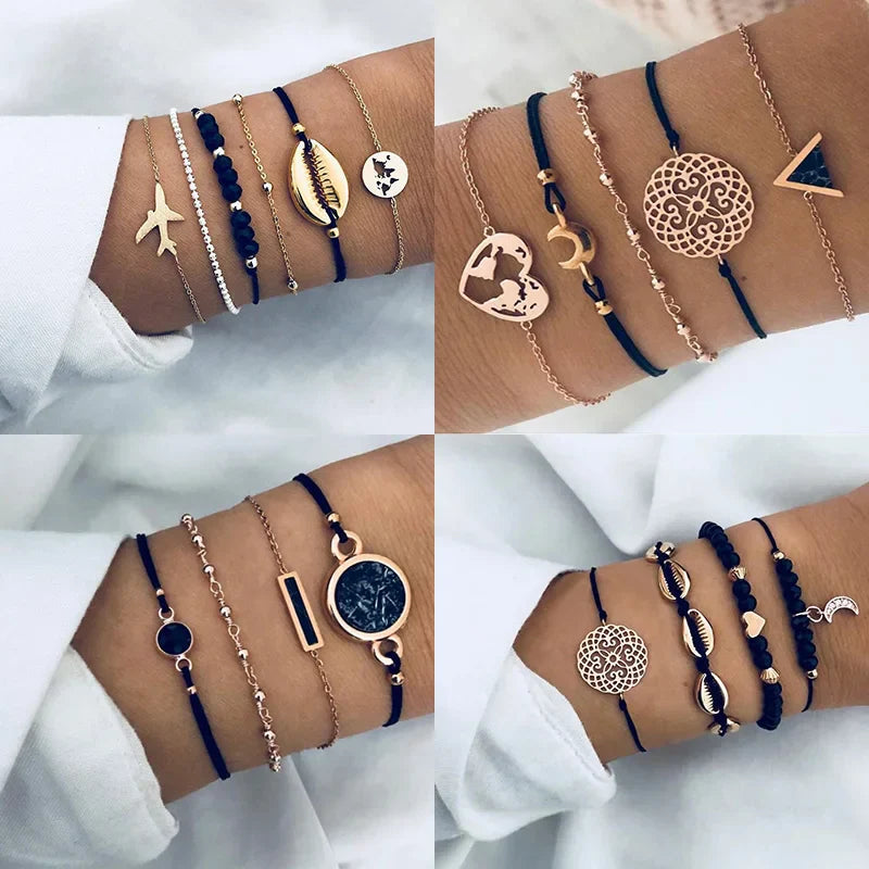 New Bohemian Black Rope Chain Bracelet Set For Women aircraft Shell Moon Heart crystal Charm Bangle Boho Jewelry Vera Lux