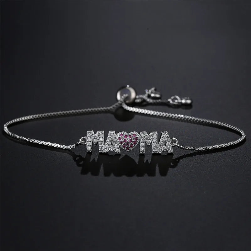 Fashion Gold Color "Mama" Charm Bracelets For Women Girl Adjustable Chain Length Luxury CZ Jewelry Gift For Mom Vera Lux