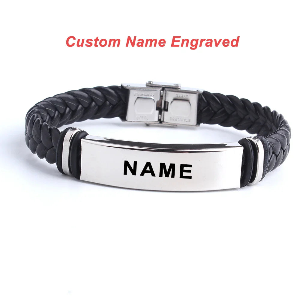 Custom logo Name Engrave Leather Bracelet Black Color customize Stainless Steel Bracelets For Women Men ID Bracelet Vera Lux