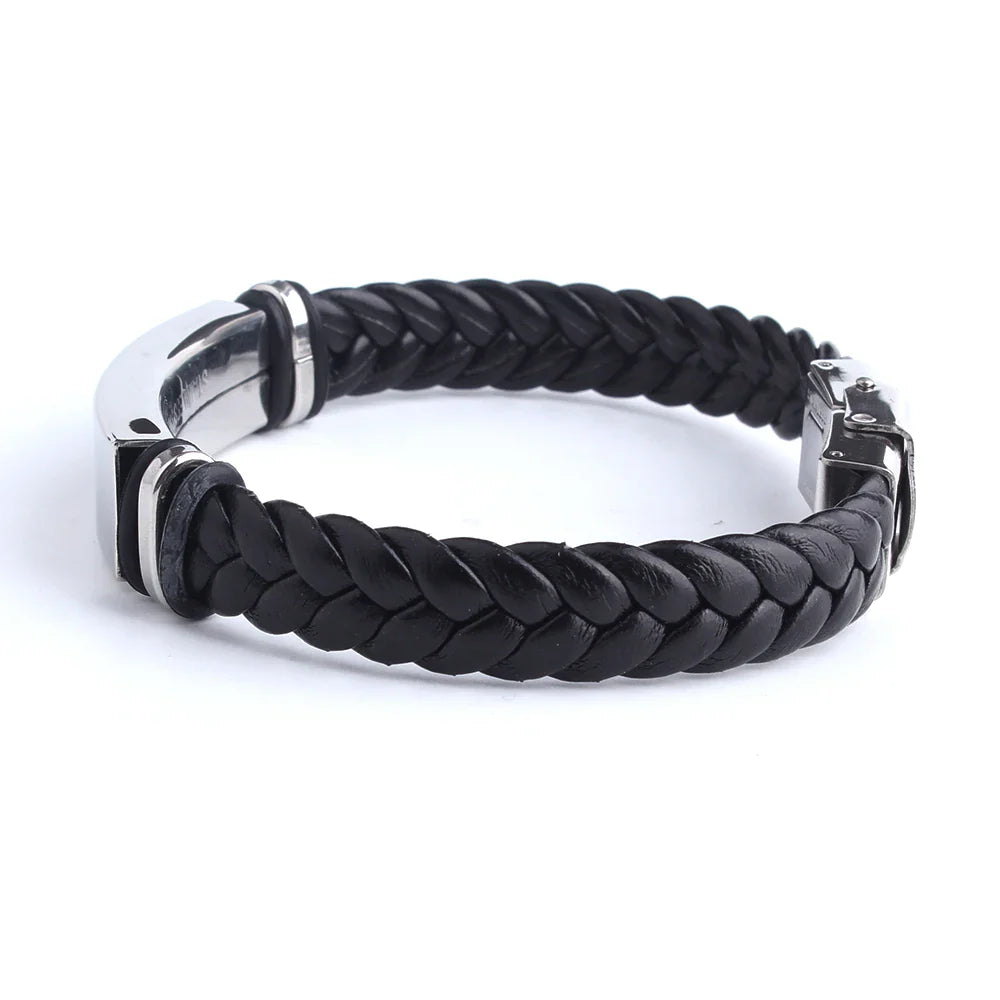 Custom logo Name Engrave Leather Bracelet Black Color customize Stainless Steel Bracelets For Women Men ID Bracelet Vera Lux