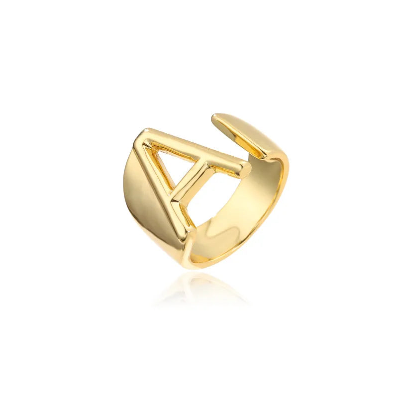 Hollow A-Z Letter Gold Color Metal Adjustable Opening Ring Initials Name Alphabet Female Party Chunky Wide Trendy Jewelry Vera Lux