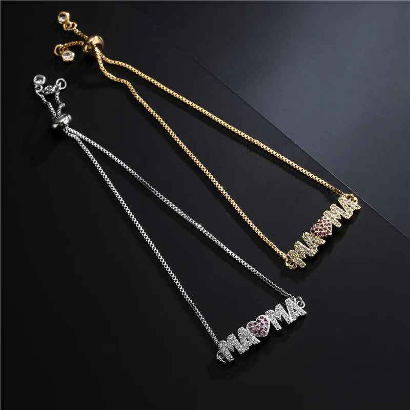 Fashion Gold Color "Mama" Charm Bracelets For Women Girl Adjustable Chain Length Luxury CZ Jewelry Gift For Mom Vera Lux