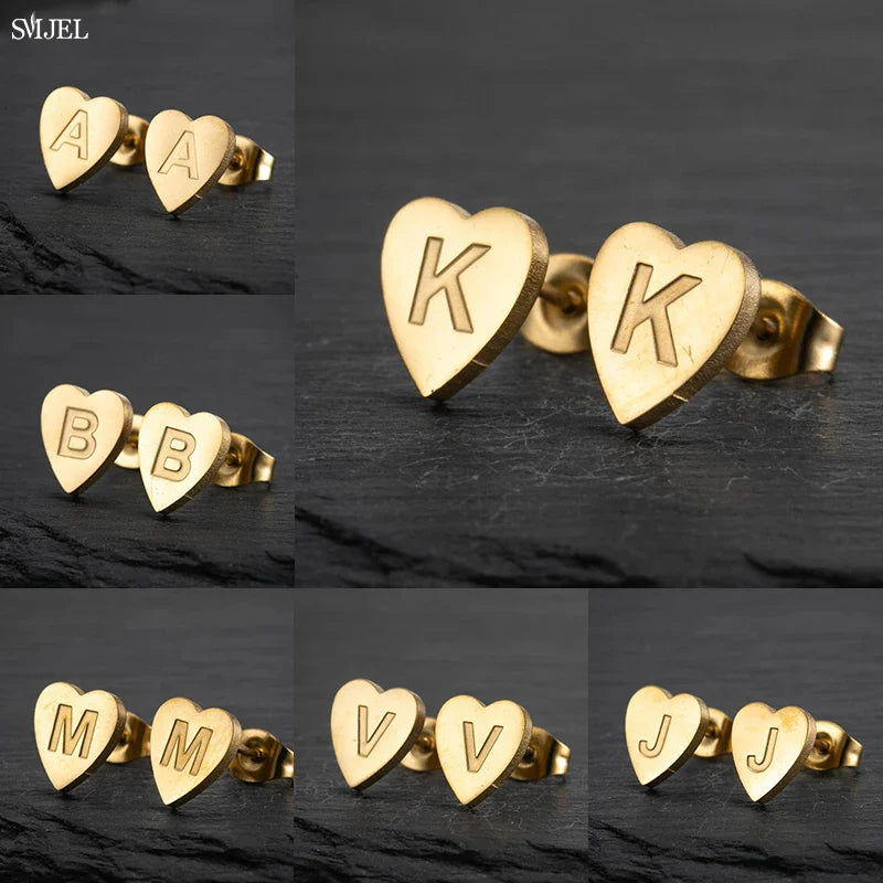 100% Stainless Steel A-Z Initial Earrings for Women Girls Personalize Letter Name Heart Stud Earring Family Jewelry Best Gifts Vera Lux