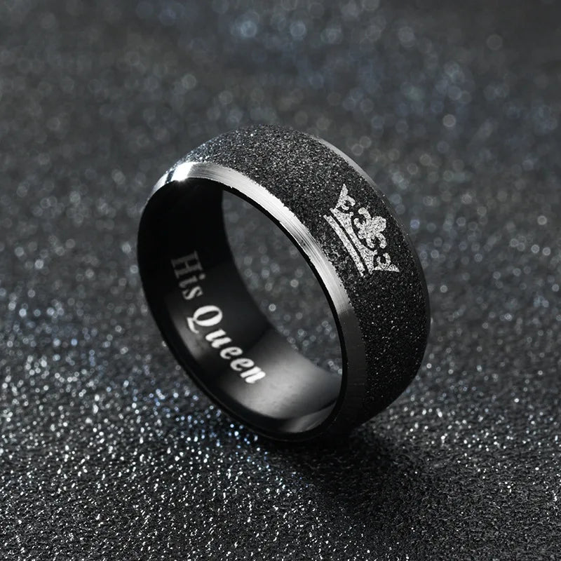 Her King and His Queen Letter Couple Rings For Women Men Crown Black 8MM Stainless Steel Matte Ring Lovers Wedding Jewelry Vera Lux