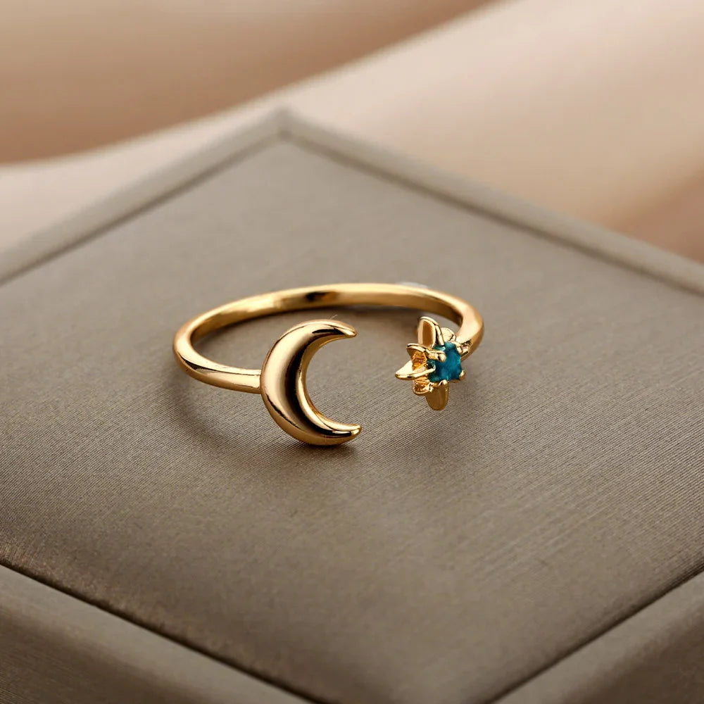 Zircon Moon Rings For Women Stainless Steel Glowing Moon Star Adjustable Finger Ring Aesthetic Wedding Jewelery Gift bague femme Vera Lux