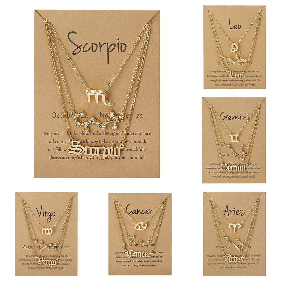 3Pcs/set 12 Zodiac Sign Necklace For Women 12 Constellation Pendant Chain Choker Birthday Jewelry With Cardboard Card Vera Lux