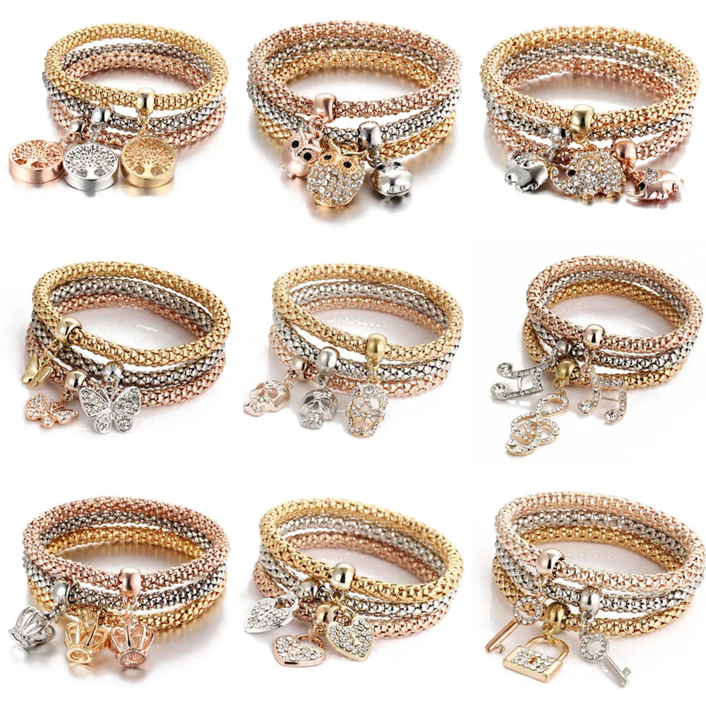 3colors/Lot Elastic Bracelets & Bangle For Women Crystal Tree of Life Owl Key lock Music Note Owl Butterfly Heart Charm Jewelry Vera Lux