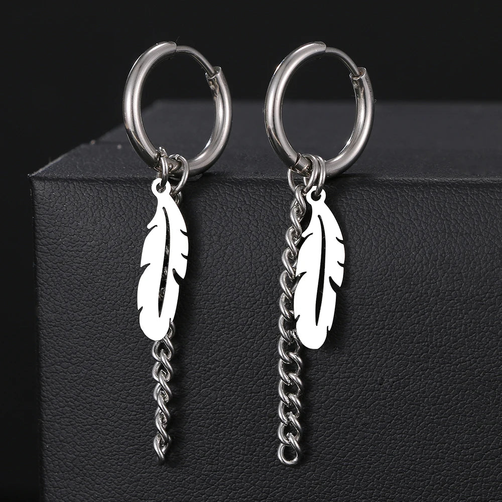 Stainless Steel Earrings Fashion Unisex Punk Gothic Feather Chain Hip Hop Pendants Gold Color Earrings For Women Jewelry Gifts Vera Lux