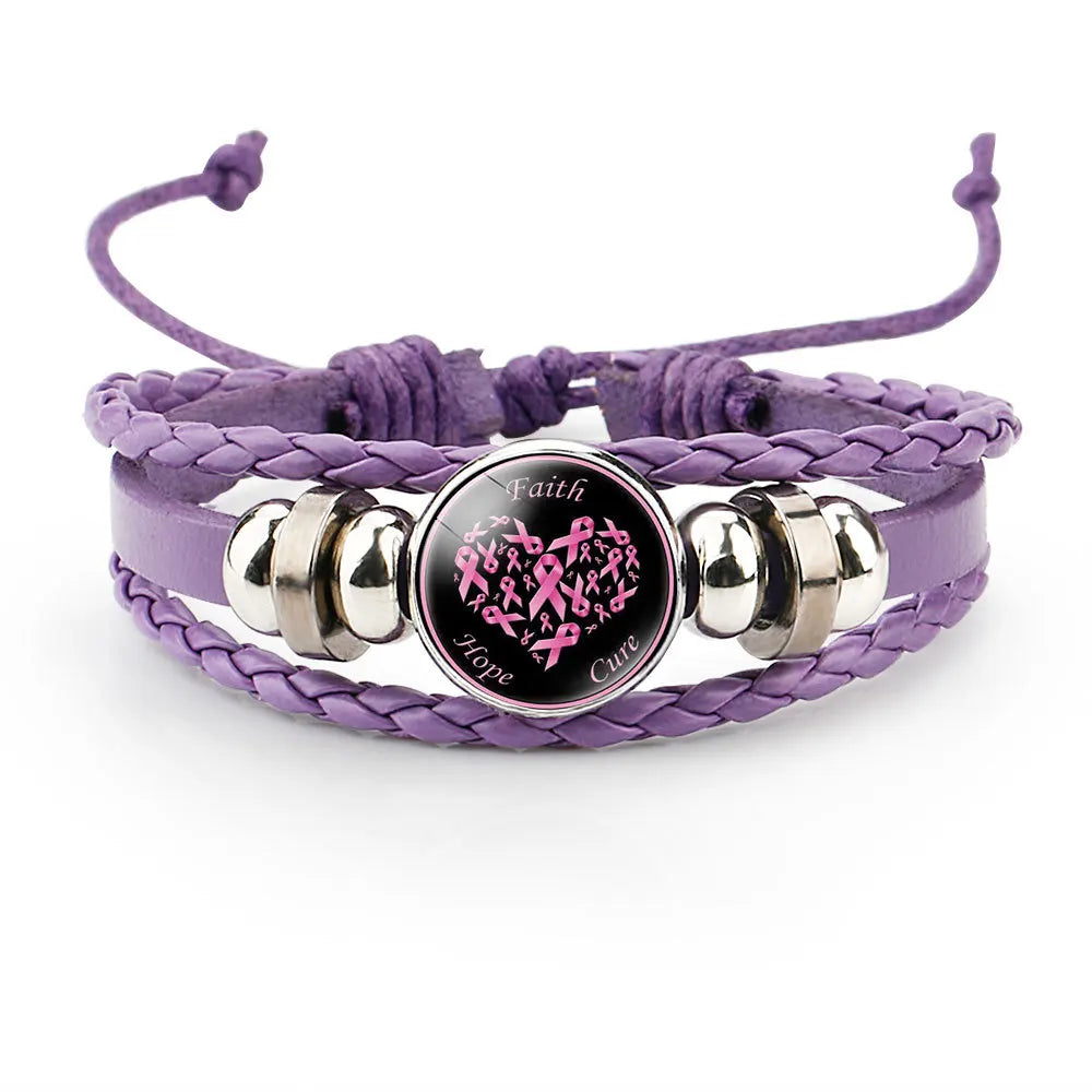 Breast Cancer Awareness Hope Bracelet For Women Pink Ribbon charm Braided leather Rope Wrap Bangle Fashion handmade Jewelry Vera Lux