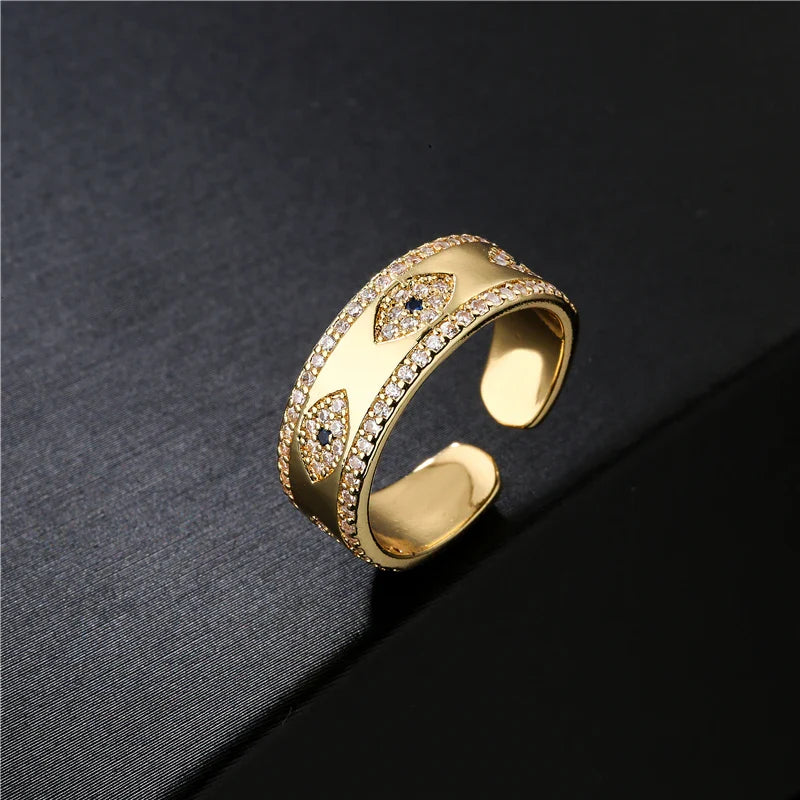 NEWBUY 2024 Fashion Gold Color Copper Wedding Jewelry AAA CZ Evil Eye Design Open Ring For Women Girl Engagement Gift Vera Lux
